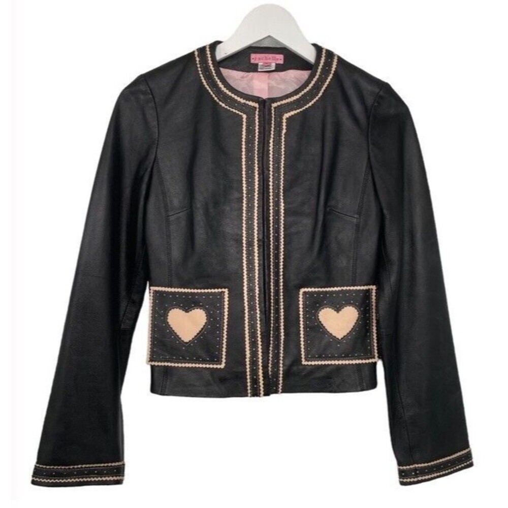 Rachelle Leather Jacket Y2K 90s Black & Pink Heart Waist Barbie Moto Small EUC
